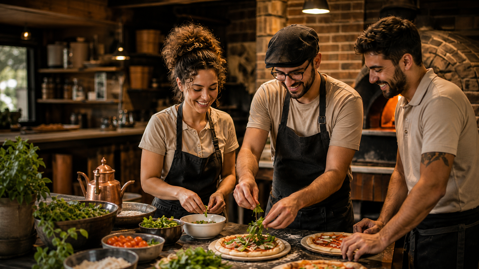 Equipe fictícia preparando pizzas em uma cozinha com forno a lenha
